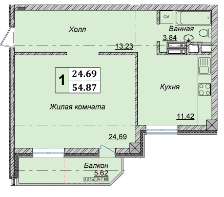 1-комнатная 54.87 м² в КД Малевича, 48 от 58 000 грн/м², Киев