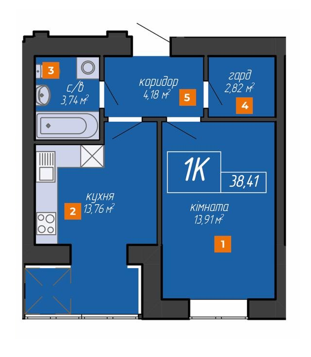 1-комнатная 38.41 м² в ЖК Казацкий от 12 600 грн/м², Ивано-Франковск