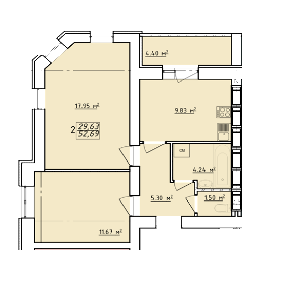 2-комнатная 52.69 м² в ЖК Левада от застройщика, Харьков