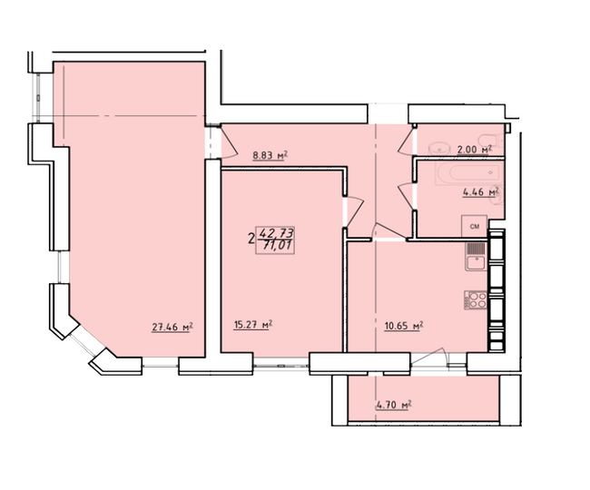 2-комнатная 71.01 м² в ЖК Левада от застройщика, Харьков