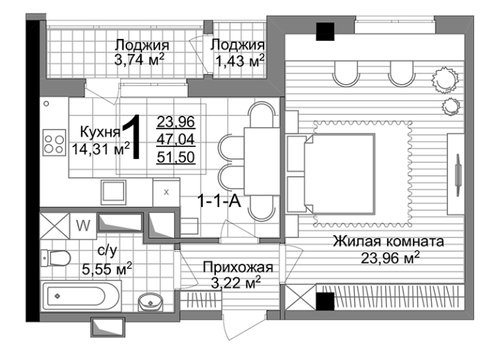 1-комнатная 51.5 м² в ЖК Люксембург от 47 350 грн/м², Харьков