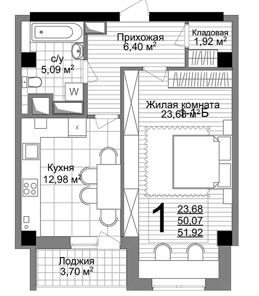 1-комнатная 51.92 м² в ЖК Люксембург от 47 350 грн/м², Харьков