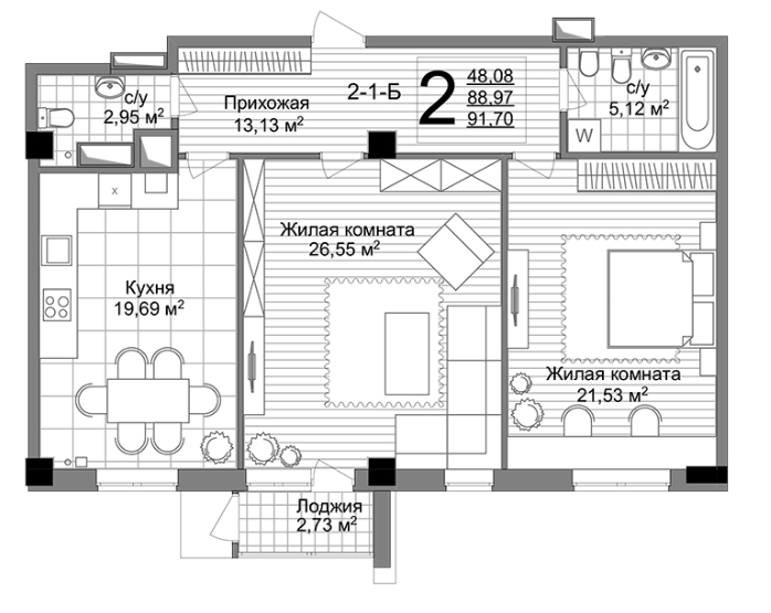 2-кімнатна 91.7 м² в ЖК Люксембург від 45 050 грн/м², Харків