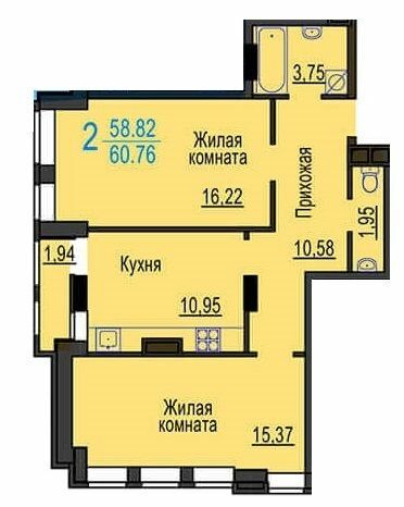 2-комнатная 60.76 м² в ЖК Меридиан от застройщика, Харьков