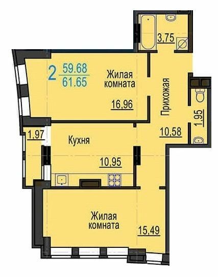 2-комнатная 61.65 м² в ЖК Меридиан от застройщика, Харьков