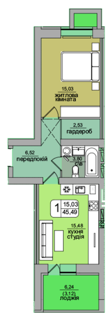 1-кімнатна 45.49 м² в ЖК Green's від забудовника, Вінниця