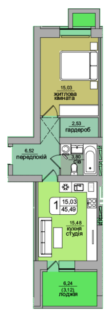 1-комнатная 45.49 м² в ЖК Green's от застройщика, Винница