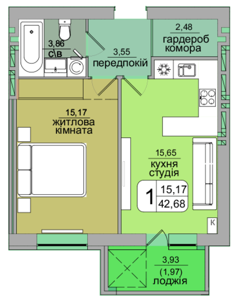 2-комнатная 64.65 м² в ЖК Green's от застройщика, Винница