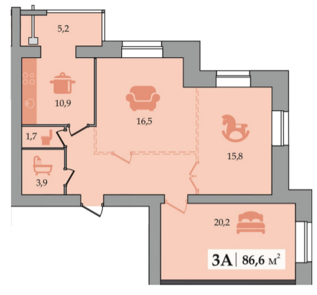 3-кімнатна 86.6 м² в ЖК Щасливий від забудовника, Дніпро