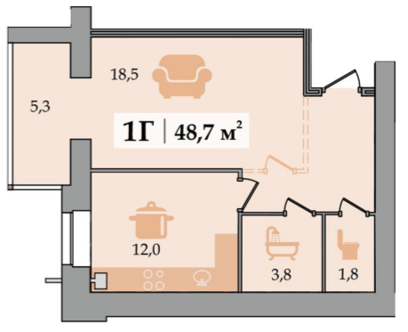 1-комнатная 48.7 м² в ЖК Счастливый от застройщика, Днепр