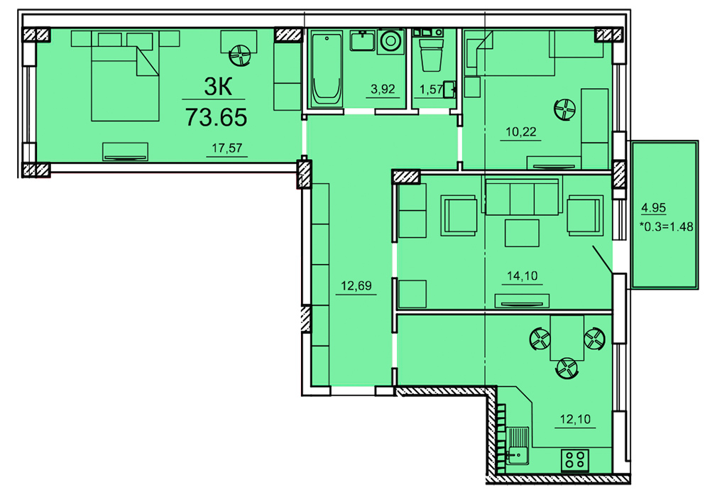 3-кімнатна 73.65 м² в ЖК Олексіївський від 20 700 грн/м², Одеса