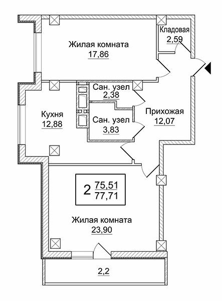 2-комнатная 77.71 м² в ЖК Слобожанский квартал от 18 800 грн/м², Харьков