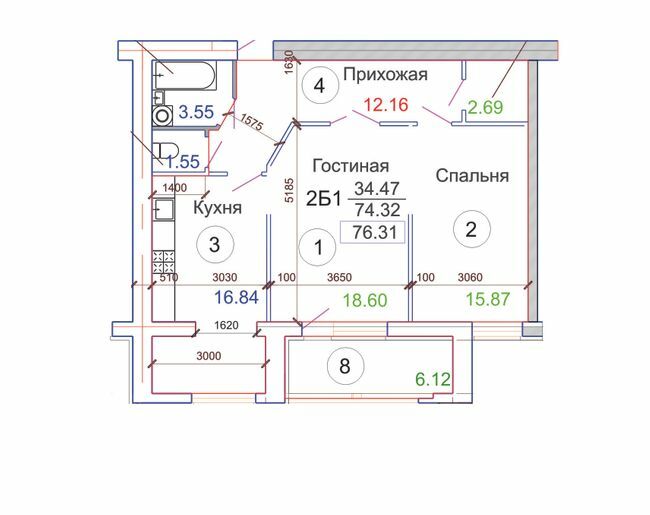 2-комнатная 76.31 м² в ЖК Пролисок от застройщика, Днепр