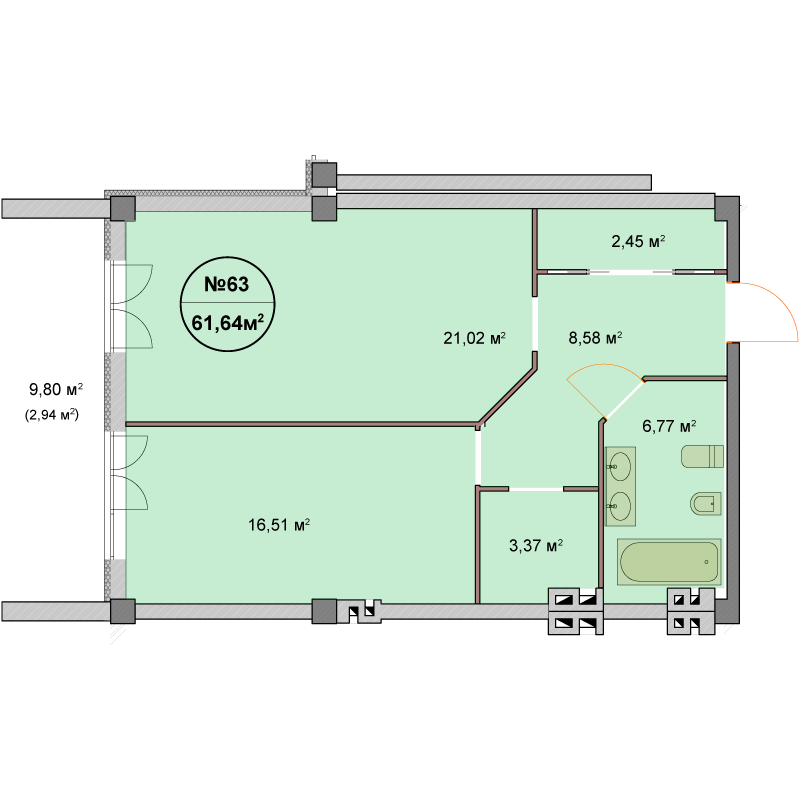 1-комнатная 61.64 м² в ЖК Феличита от 32 000 грн/м², Харьков