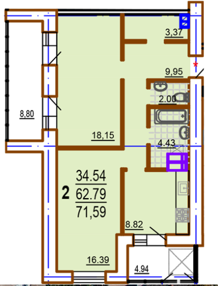 2-комнатная 71.59 м² в ЖК Шекспира от 19 500 грн/м², Харьков