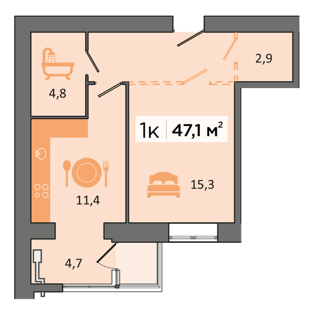 1-комнатная 47.1 м² в ЖК Dubinina от 19 500 грн/м², Днепр
