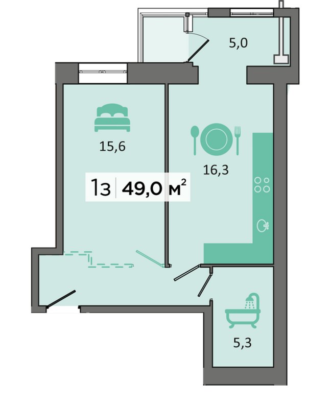 1-комнатная 49 м² в ЖК Dubinina от 19 500 грн/м², Днепр