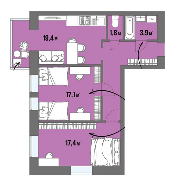 2-комнатная 70 м² в ЖК Dream Town от 14 250 грн/м², Луцк