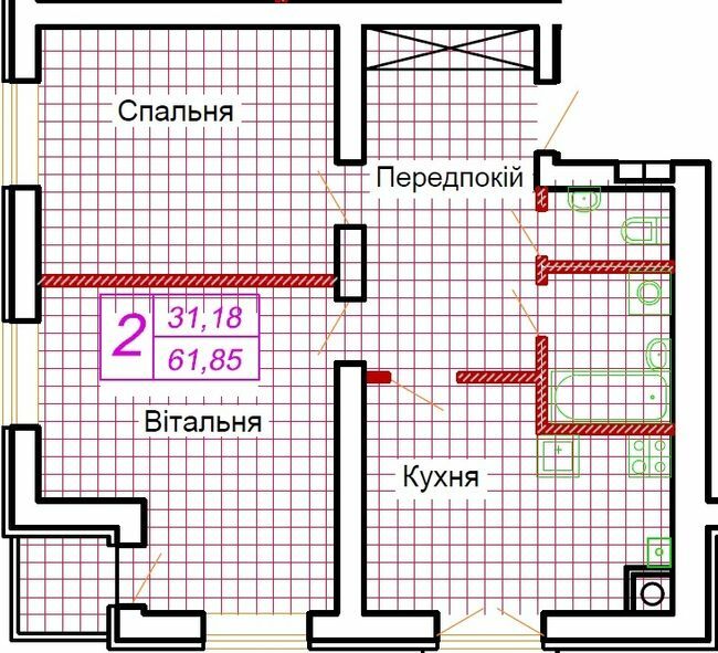 2-комнатная 61.85 м² в ЖК Симейна фортеця. Щастя от застройщика, с. Струмовка