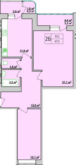 2-комнатная 67.5 м² в ЖК Учительський от застройщика, Винница