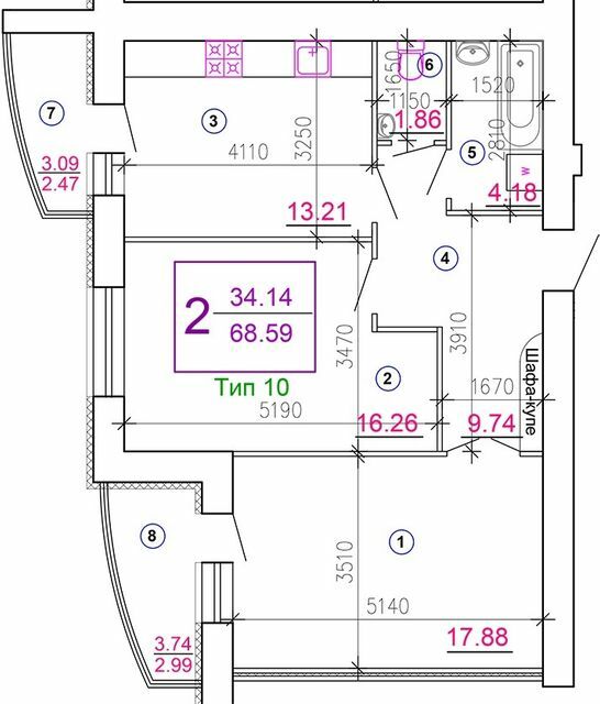 2-комнатная 68.59 м² в ЖМ Подолье от 19 650 грн/м², Винница