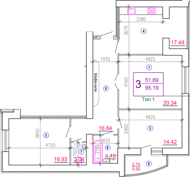 3-комнатная 95.19 м² в ЖМ Подолье от 18 800 грн/м², Винница