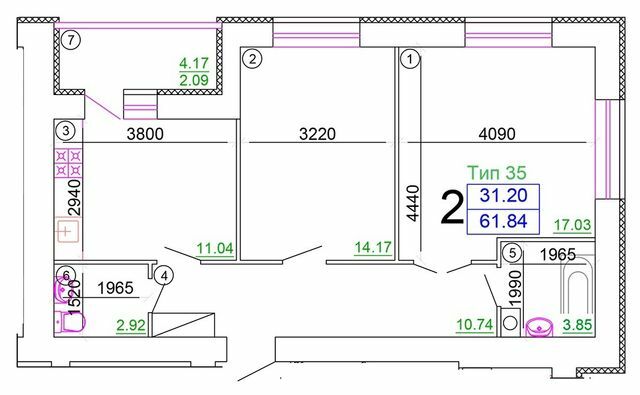 2-кімнатна 61.84 м² в Мкрн Академічний від 15 250 грн/м², Вінниця