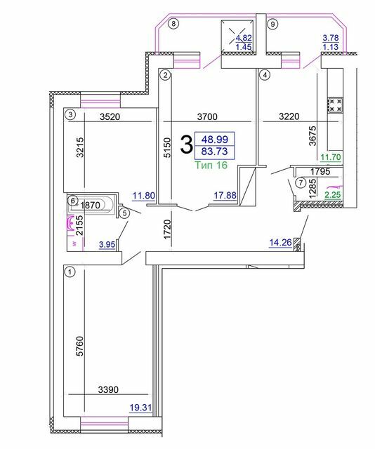 3-комнатная 83.73 м² в Мкрн Академический от 16 500 грн/м², Винница