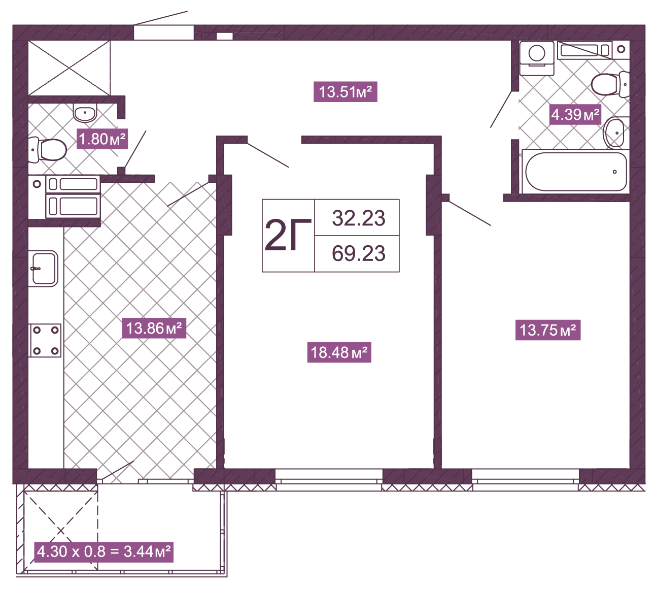 2-комнатная 69.23 м² в ЖК Голосеевский от 28 550 грн/м², Киев