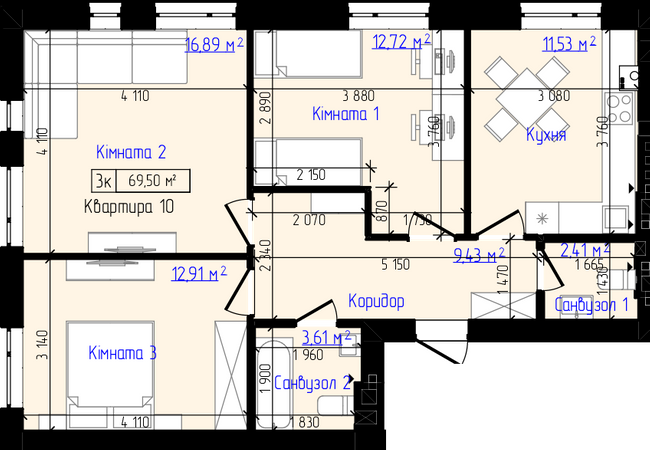 3-комнатная 69.5 м² в ЖК Viking Home от 19 000 грн/м², г. Ирпень