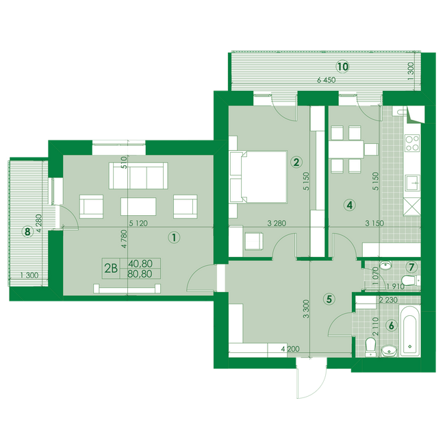 2-комнатная 80.8 м² в ЖК Квартал Парковый от застройщика, г. Обухов