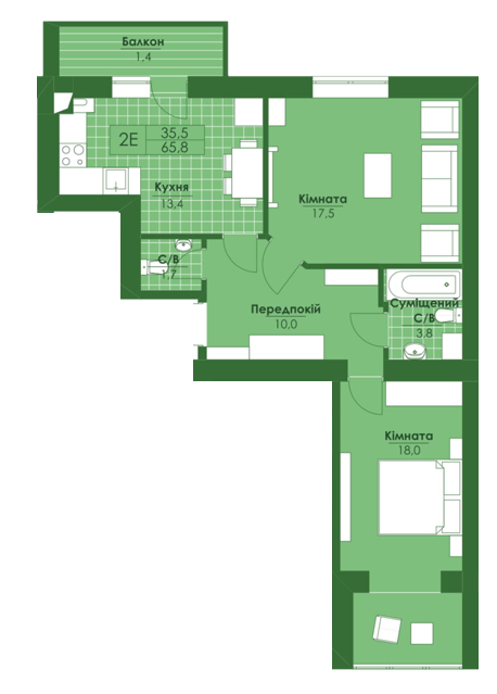 2-кімнатна 65.8 м² в ЖК Квартал Парковий від 12 950 грн/м², м. Обухів