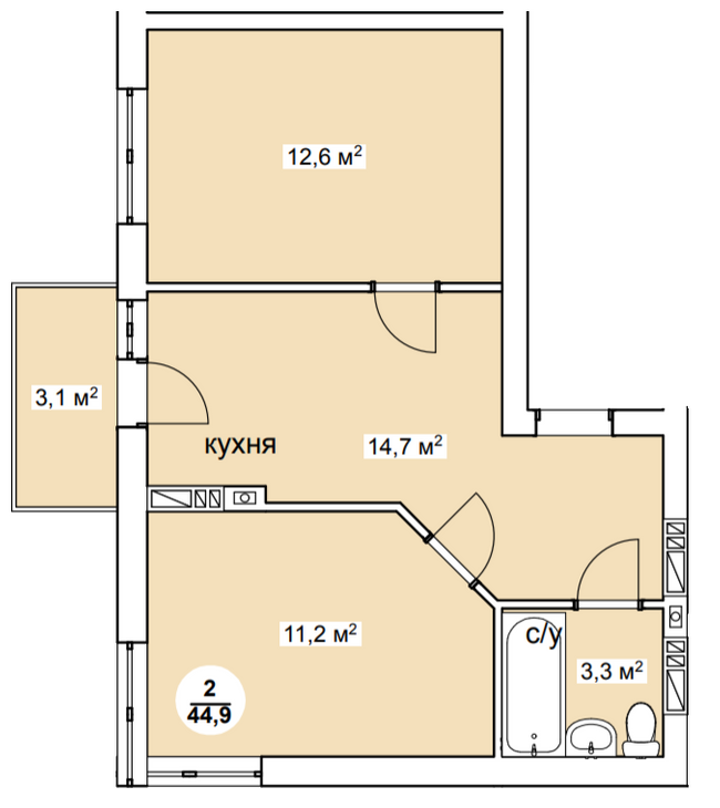 2-кімнатна 44.9 м² в ЖК Нова Данія від 20 900 грн/м², с. Софіївська Борщагівка