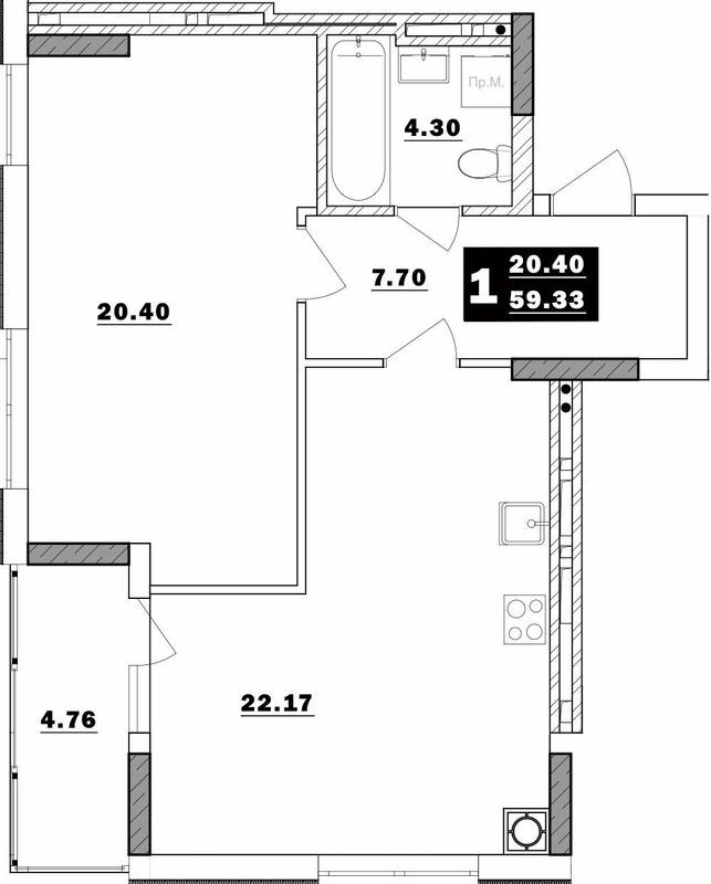 1-кімнатна 59.33 м² в ЖК Обухівський ключ від забудовника, м. Обухів