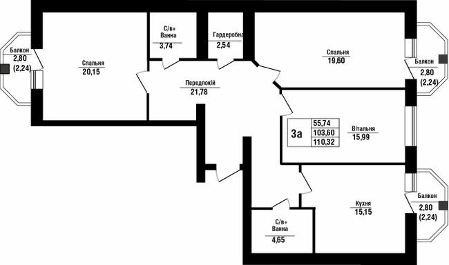 3-кімнатна 110.32 м² в ЖК Волошковий від 21 900 грн/м², с. Софіївська Борщагівка