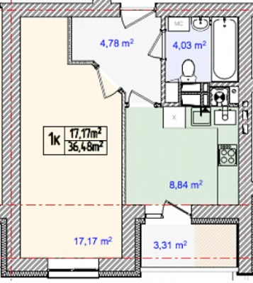 1-комнатная 36.48 м² в ЖК Золотой ключик от застройщика, с. Тарасовка