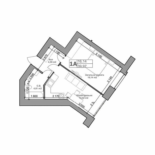 1-кімнатна 39.97 м² в ЖК Рідний від 23 000 грн/м², с. Гатне
