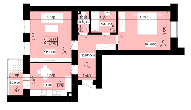 2-комнатная 61.39 м² в ЖК 9 Район от 15 200 грн/м², г. Мукачево