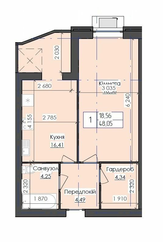 1-комнатная 48.05 м² в ЖК Престиж от 10 000 грн/м², г. Южноукраинск