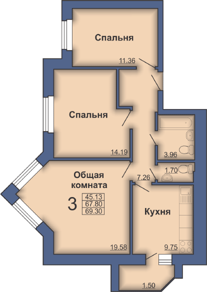 3-комнатная 69.3 м² в ЖК на пл. Павленковская, 3А от 17 500 грн/м², Полтава