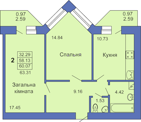 2-кімнатна 63.31 м² в ЖК на пл. Павленківська, 3В від 24 000 грн/м², Полтава