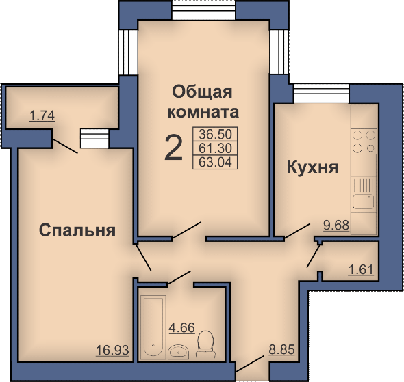 2-комнатная 63.04 м² в ЖК на ул. Мира, 18В от застройщика, Полтава