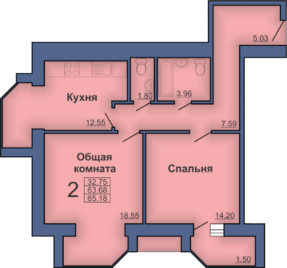 2-комнатная 65.18 м² в ЖК на ул. Мира, 18В от застройщика, Полтава