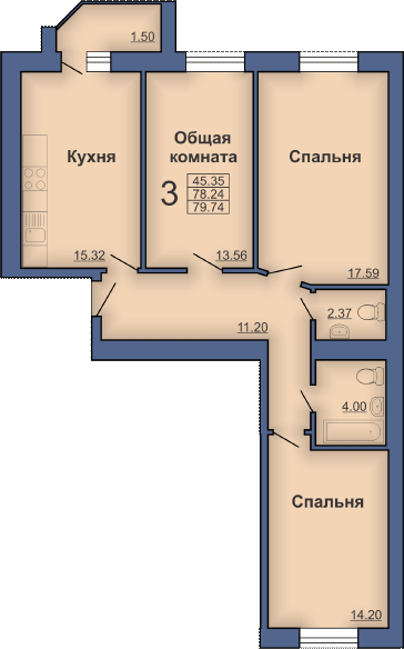 3-кімнатна 79.74 м² в ЖК на вул. Миру, 18В від 17 500 грн/м², Полтава