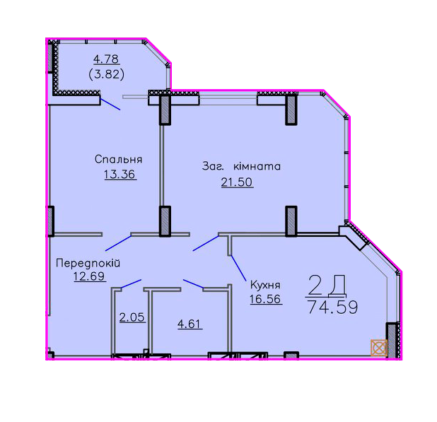 2-кімнатна 74.59 м² в ЖК Панорама від забудовника, Суми