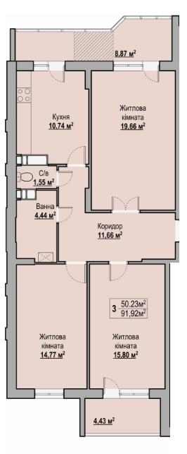 3-кімнатна 91.92 м² в ЖК на вул. Гоголя, 251 від забудовника, Черкаси