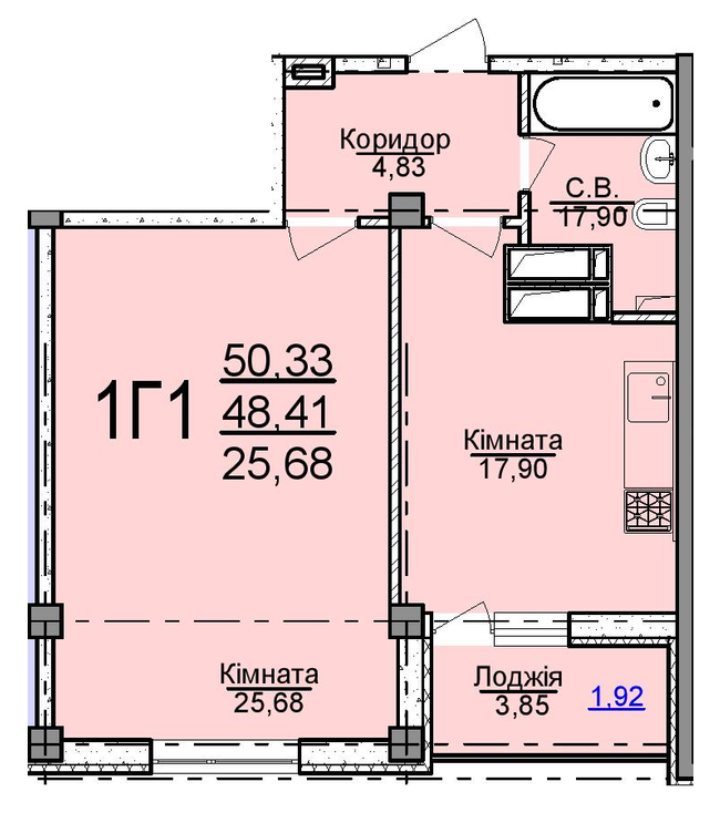 1-кімнатна 50.33 м² в ЖК Пушкіна від 19 000 грн/м², Черкаси