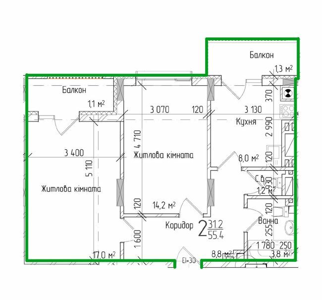 2-кімнатна 55.4 м² в ЖК KromaxBud від 17 050 грн/м², Чернівці