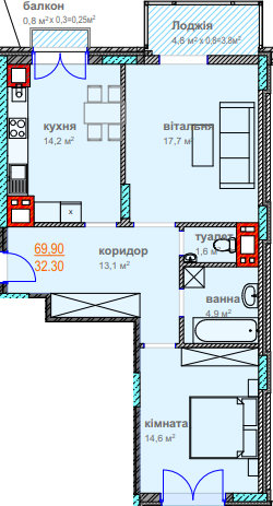 2-кімнатна 69.9 м² в ЖК Водограй від 18 350 грн/м², Чернівці