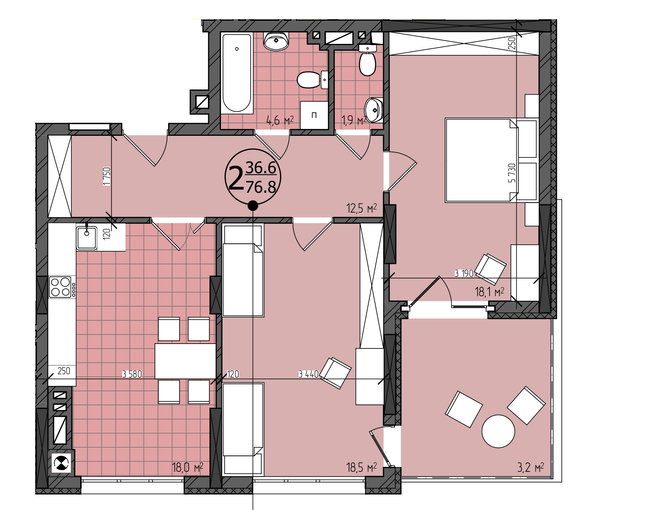 2-комнатная 76.8 м² в ЖК Престижный от 24 050 грн/м², Черновцы